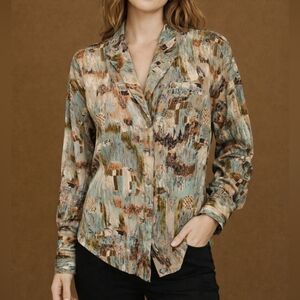 VTG APART 1980s Abstract Paintbrush Button Down Long Sleeve Blouse